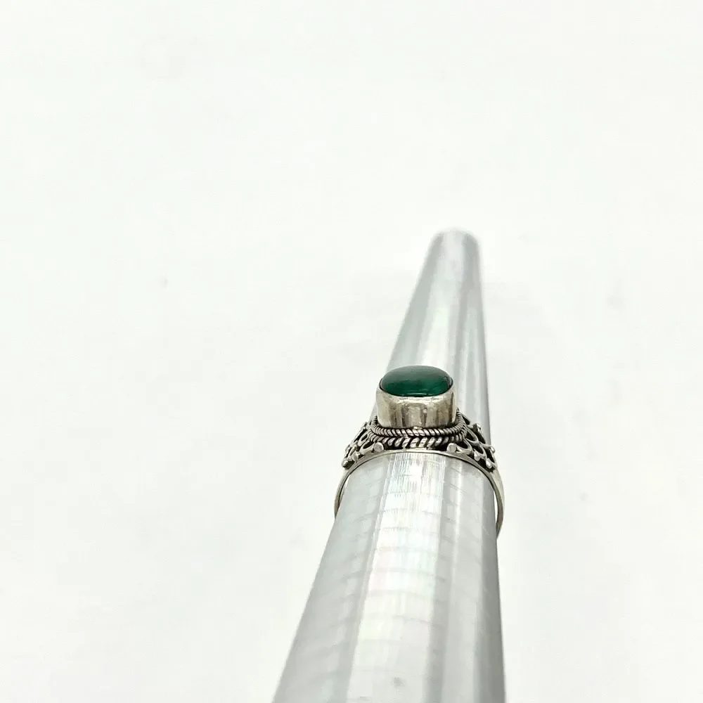 925 Sterling Silver Green Malachite Ring Boho Filigree Ornate Adjustable Size 10